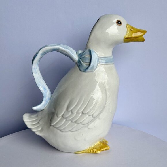 Fitz and Floyd White Goose Pitcher Blue Ribbon Handle Vintage Kitchenware - Picture 1 of 12